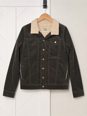 Chaser Sherpa Lined Corduroy Trucker Jacket Dark Olive Charcoal Large NWT